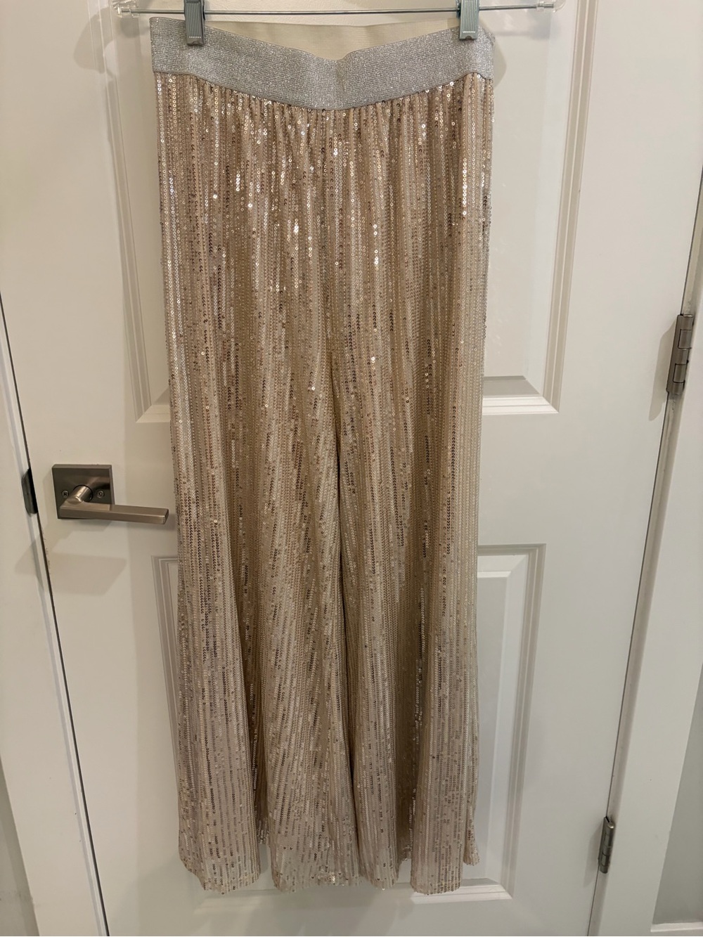Sequin Wide-Leg Jumpsuit Pants in Champagne